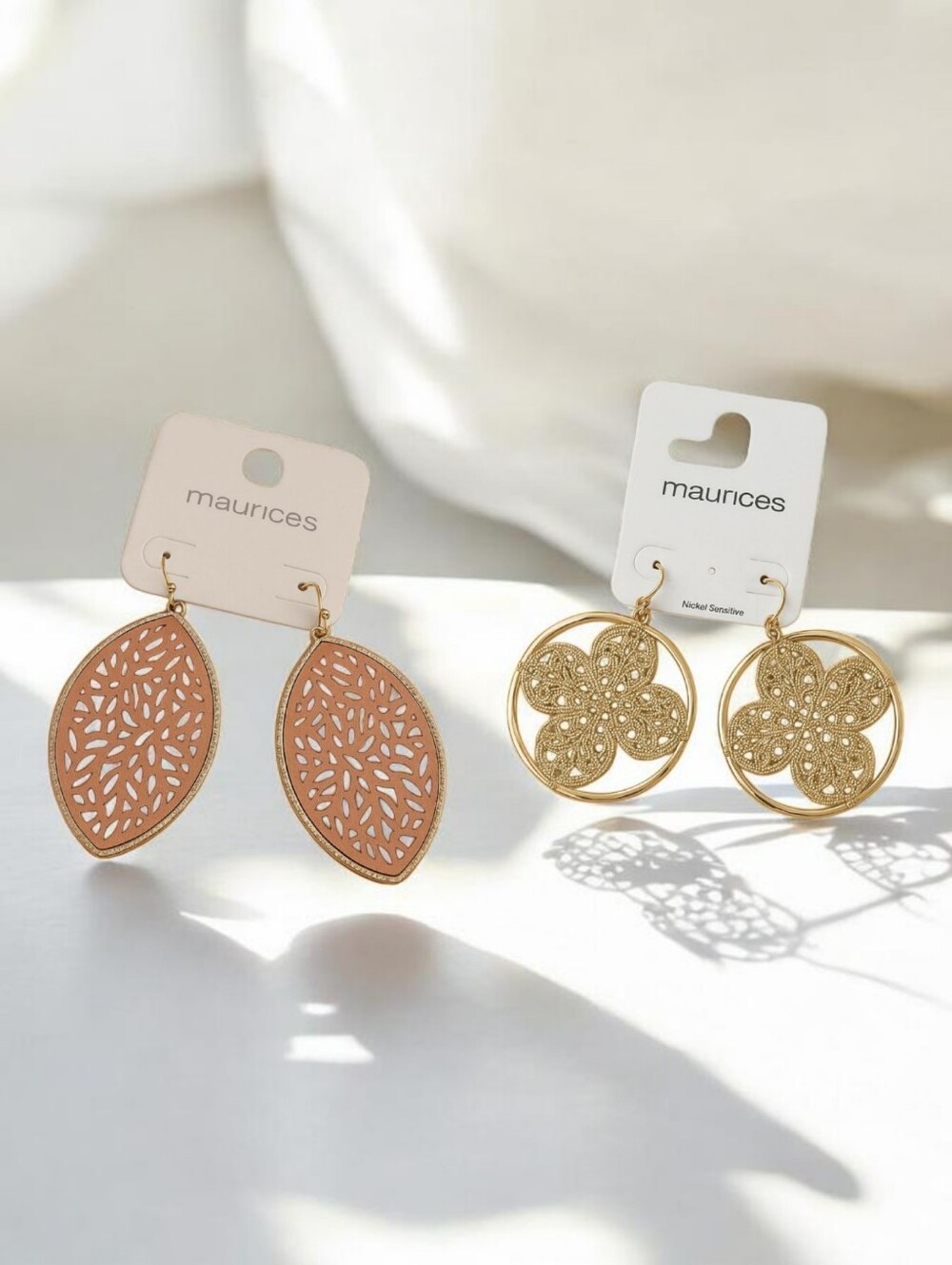 Maurices Gold Filigree Hoop Earrings & Rose Gold Leaf Cutout Drops - Set
